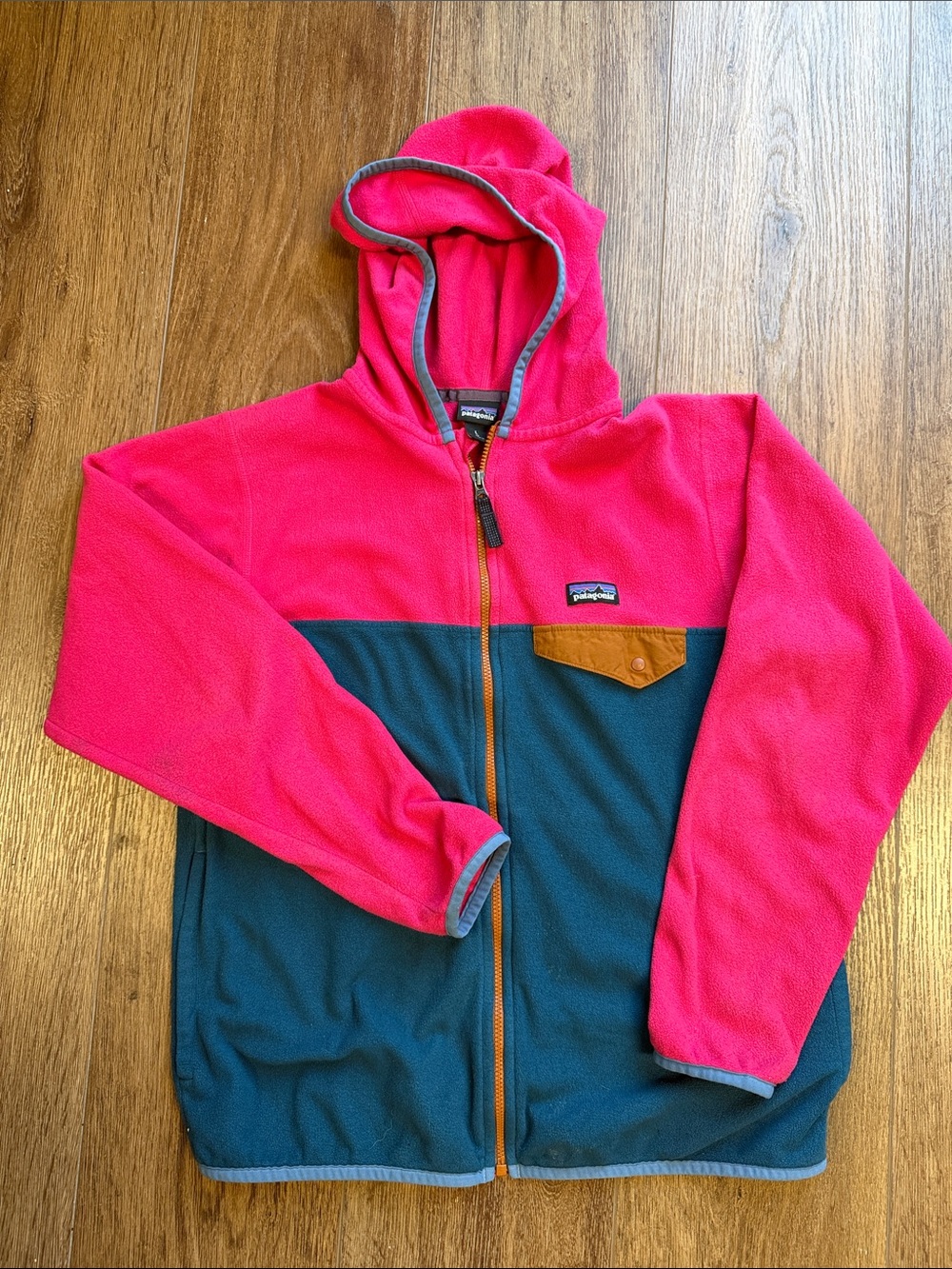 Patagonia Kids Fleece Hoodie in Pink and Teal with Chest Pocket